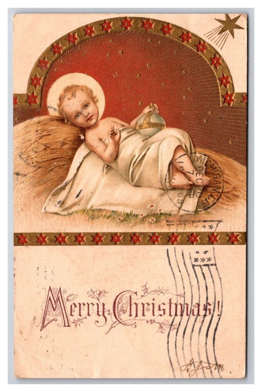 Merry Christmas Nativity Baby Jesus In Manger Embossed Gilt DB Postcard H29