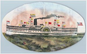 1880s Large Poster Scrap Side Paddle Steamer Columbia Flags Sea Fab! #7F