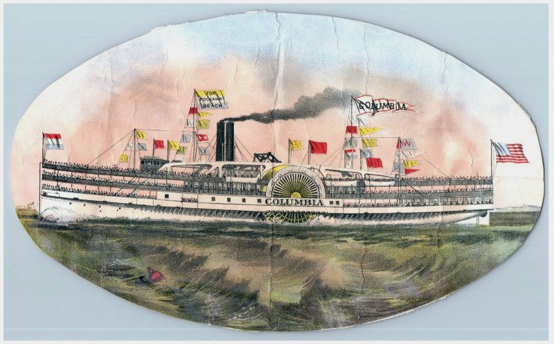 1880s Large Poster Scrap Side Paddle Steamer Columbia Flags Sea Fab! #7F