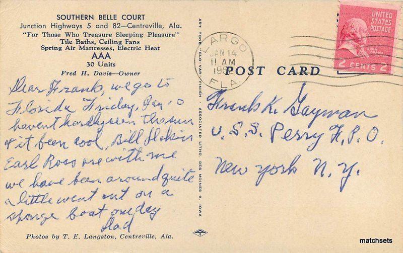 1952 CENTERVILLE ALABAMA Southern Belle Court Interior Entrance postcard 2541