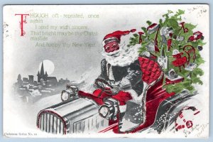 1906 SANTA CLAUS BLACK AMERICANA DRIVING CAR TOYS GLITTER EMBELLISHED POSTCARD
