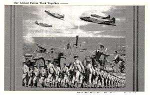 Our Armed Forces Work Together US Army Navy Airplane B & W Postcard