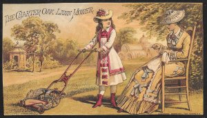 VICTORIAN TRADE CARD Charter Oak Lawn Mower Fancy Dressed Girl Mowing Lady Chair