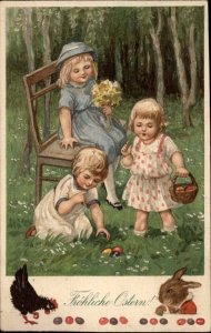 Easter Children Girls Play in Field Bench Egg Hunt c1900s-10s Postcard