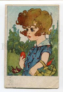 416088 USSR AVANT-GARDE Girl w/ Carrot 1927 year GUZHAVIN RPPC gold definitive