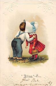 Bliss Kiss Small Boy Girl Kissing Love Romance Bonnet Behrendt artist postcard