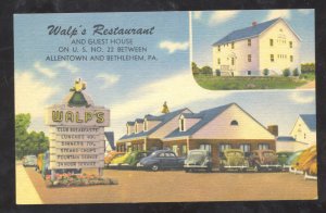 ALLENTOWN & BETHLEHEM PENNSYLVANIA WALP'S RESTAURANT ADVERTISING POSTCARD