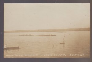 Peoria ILLINOIS RPPC 1911 ROWING BOAT RACE River 6 OAR FINISH #9 Regatta IL