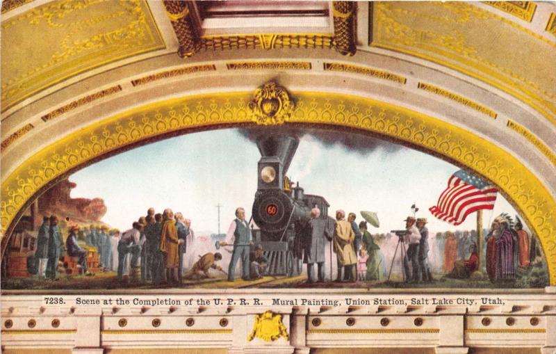 SALT LAKE CITY UT SCENE COMPLETION UNION PACIFIC RAILROAD MURAL POSTCARD c1910s