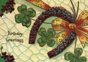 Vintage Postcard - Early 1900s-Embossed-Birthday-Horseshoe-Clover-Luck