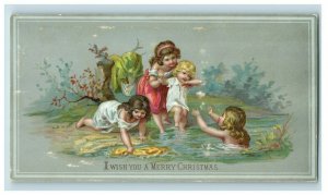 Victorian Christmas Card Girls Playing Lake Toddler Clothes Washing Holiday P49