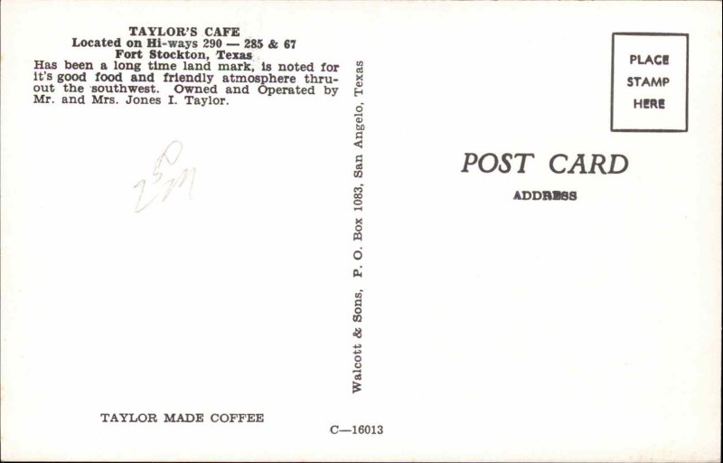 Fort Stockton Texas TX Taylor's Caf� Restaurant Interior c1950s-60s Postcard