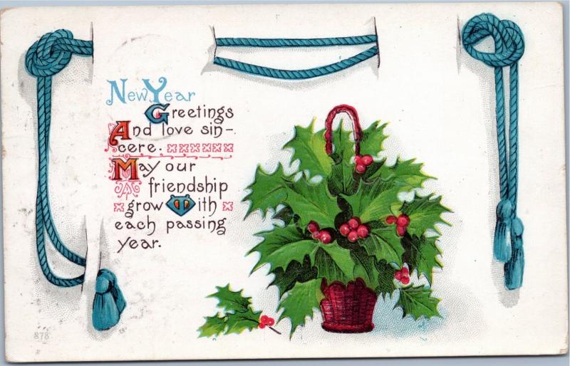 New Year Greetings and Love Sincere - holly plant - 1914