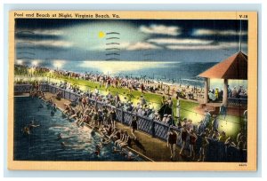 c1950's Pool And Beach At Night Virginia Beach Virginia VA Vintage Postcard 