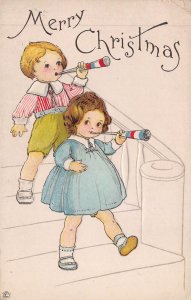 CUTE CHILDREN BLOWING HORNS-MERRY CHRISTMAS~1910s STECHER EMBOSSED POSTCARD