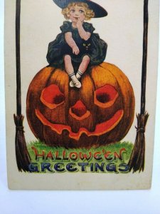 Vintage Halloween Postcard Little Witch Sits On GIANT Pumpkin Series 182 Ullman  