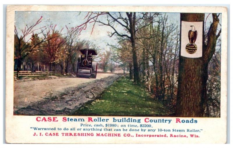 1909 Case Steamroller Advertisement, J.I. Case Threshing Machine Co. Postcard