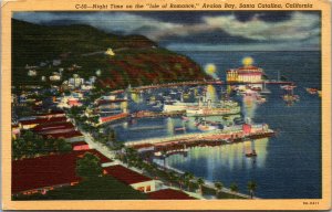 Vtg 1930s Avalon Bay at Night Time Santa Catalina California CA Linen Postcard