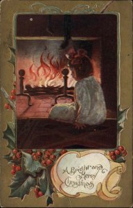 Christmas Little Girl Waits by Fire for Santa Claus c1910 Vintage Postcard