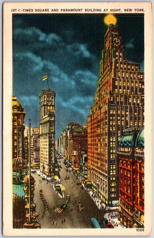 New York NY, 1954 Times Square and Paramount Building at Night, Vintage Postcard