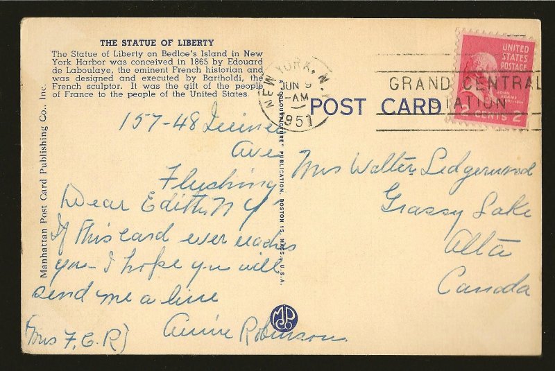 USA Postmark 1951 New York NY The Statue of Liberty Linen Postcard