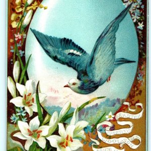 c1880s Blue Dove Easter Greeting of Woolson Spice Co Trade Card Embossed Vtg C40