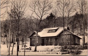 Postcard Memorial Building Winter Scene Silver Bay in Lake George, New York