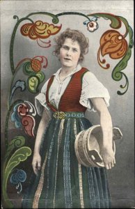 Norge Norway Beautiful Woman Costume Art Nouveau Border c1910 Postcard #2