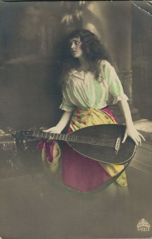 Art Nouveau Lady Plays Some Sort of Guitar Colored RPPC 07.24 