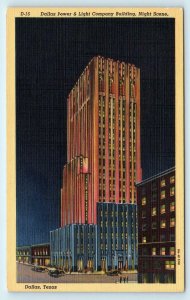 DALLAS, TX ~ DALLAS POWER & LIGHT CO Building at NIGHT c1930s Linen  Postcard