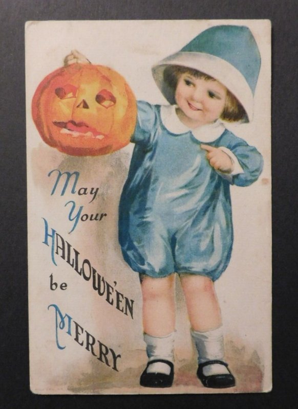 Mint USA Picture Postcard Halloween Child Holding Carved Pumpkin Merry Halloween