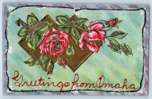 Omaha Nebraska NE Postcard Greetings Roses Glitter Leaves Embossed c1910Vintage