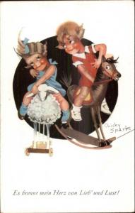 Chicky Spark  - Art Deco Kids Romance Rocking Horse c1910 Postcard #2 EXC COND
