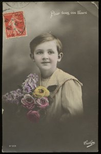 Boy holding roses. Pour vous ces fleurs. Vintage tinted French RPPC. Culipe