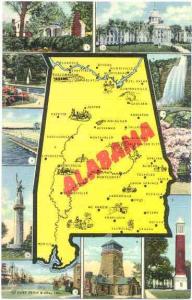 Linen Map Card of Alabama AL