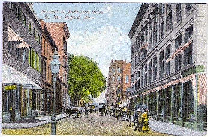 New Bedford MA Pleasant Street View Apothecary Horses Wagons Vintage Postcard