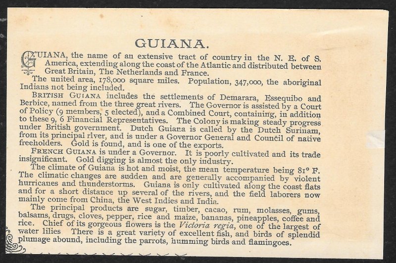 VICTORIAN TRADE CARD Russia Map & Russian Products Guiana Info On Back c1889