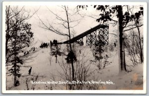 Grayline Michigan 1940s RPPC Real Photo Postcard Winter Sports Skiing State Park