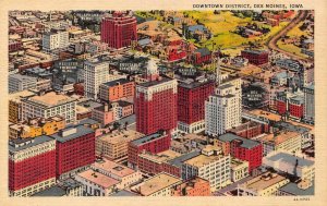 DES MOINES, Iowa IA   DOWNTOWN BUILDINGS~Bird's Eye View ca1940's Linen Postcard