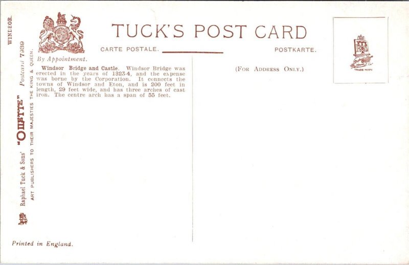 Windsor Bridge and Castle Tucks 7939 Vintage Postcard A16