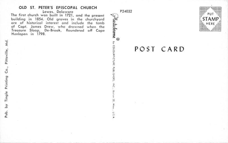 Lewes Delaware~Old St Peter's Episcopal Church~NICE 1950s Cars~Postcard