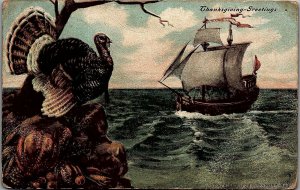 1909 THANKSGIVING GREETINGS TURKEY MAYFLOWER SEASHORE P. SANDER POSTCARD 34-90