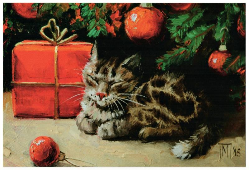 Tabby Cat under Christmas Tree Gift decor by Pavlova Russian Modern Postcard