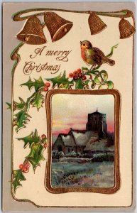 A Merry Christmas Bird Holy Leaf Winter Snow Church Greetings Postcard