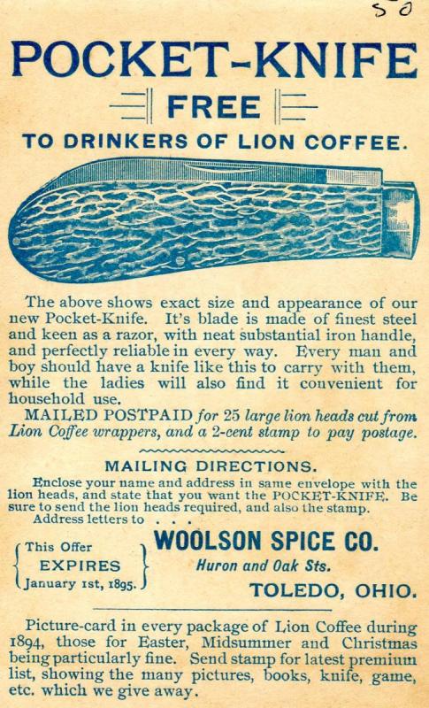 Advertising - Woolson Spice Co., Toledo, OH. Lion Coffee Premium during 1894