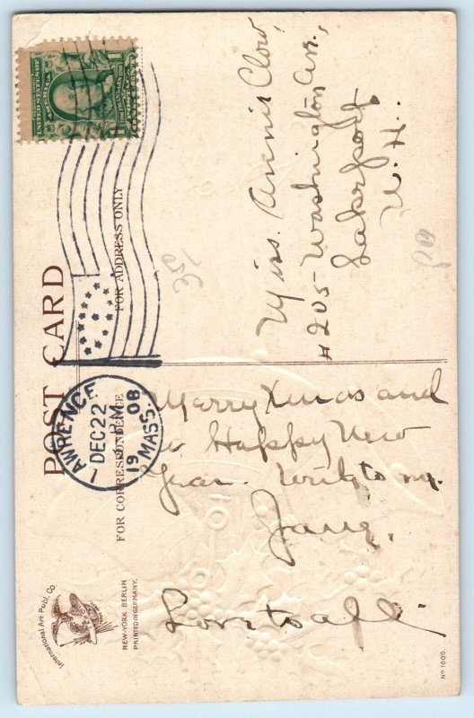 Christmas Ringing Bells Berries Ellen Clapsaddle Signed Lawrence MA Postcard