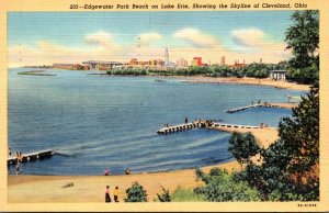 Ohio Cleveland Skyline From Edgewater Park Beach On Lake Erie 1943 Curteich