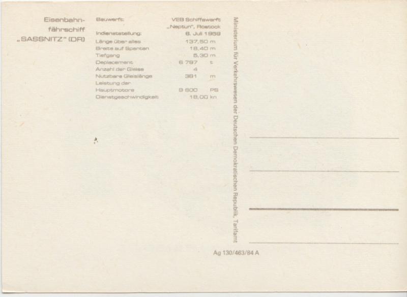 Eisenbahnfahrschiff SASSNITZ, unused Postcard