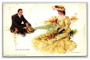 Vintage 1909 Postcard The Yellow Peril - Woman in Yellow Dress in the Park