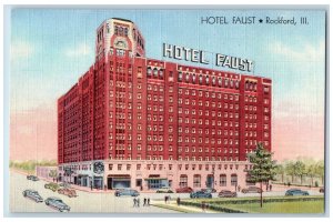 Rockford Illinois IL Postcard Hotel Faust Buildings Exterior Scene c1940's Cars